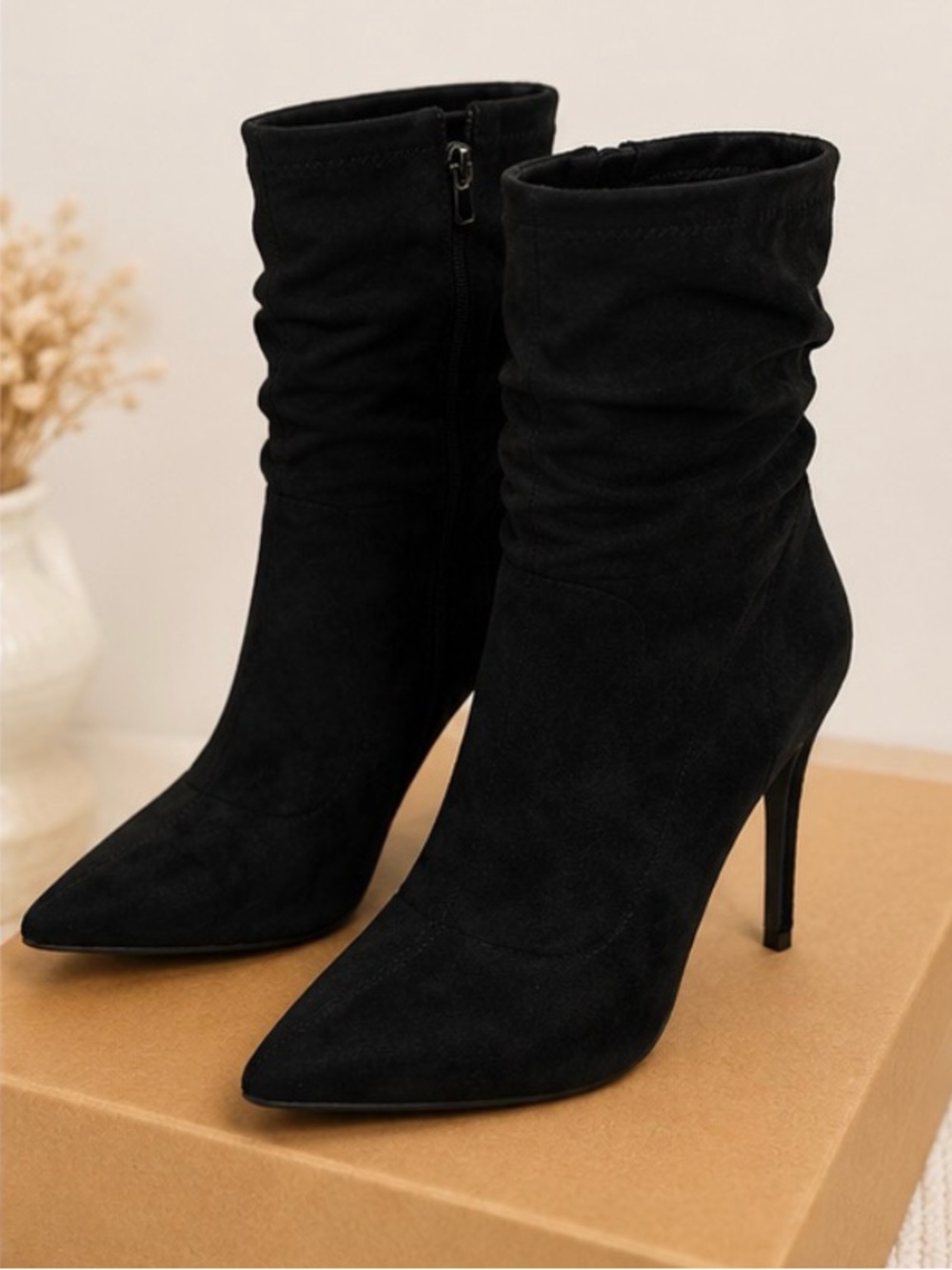 Black Suede Pointed-Toe Stiletto Ankle Boots